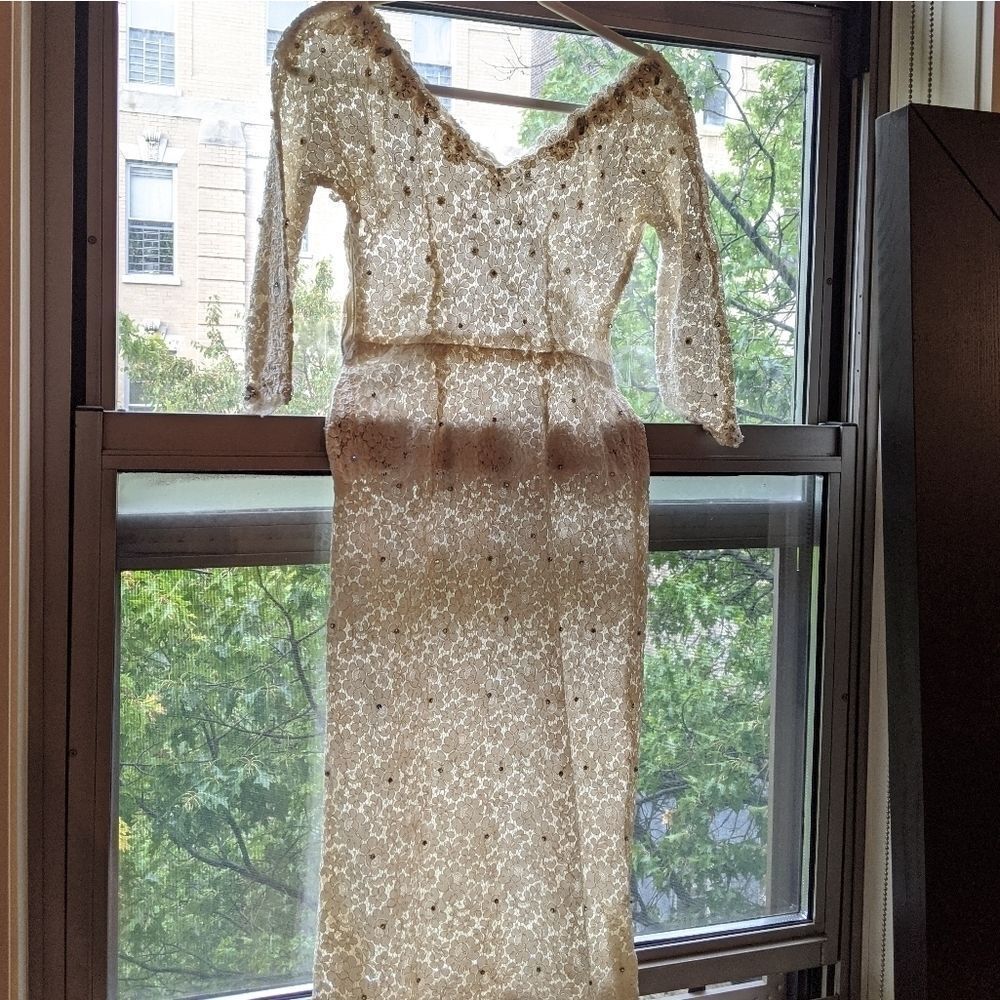 Ivory Vintage beaded lace bridal midi dress